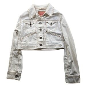Levis Cropped Trucker Jacket Womens Large White Denim Cotton Stretch Y2K VTG
